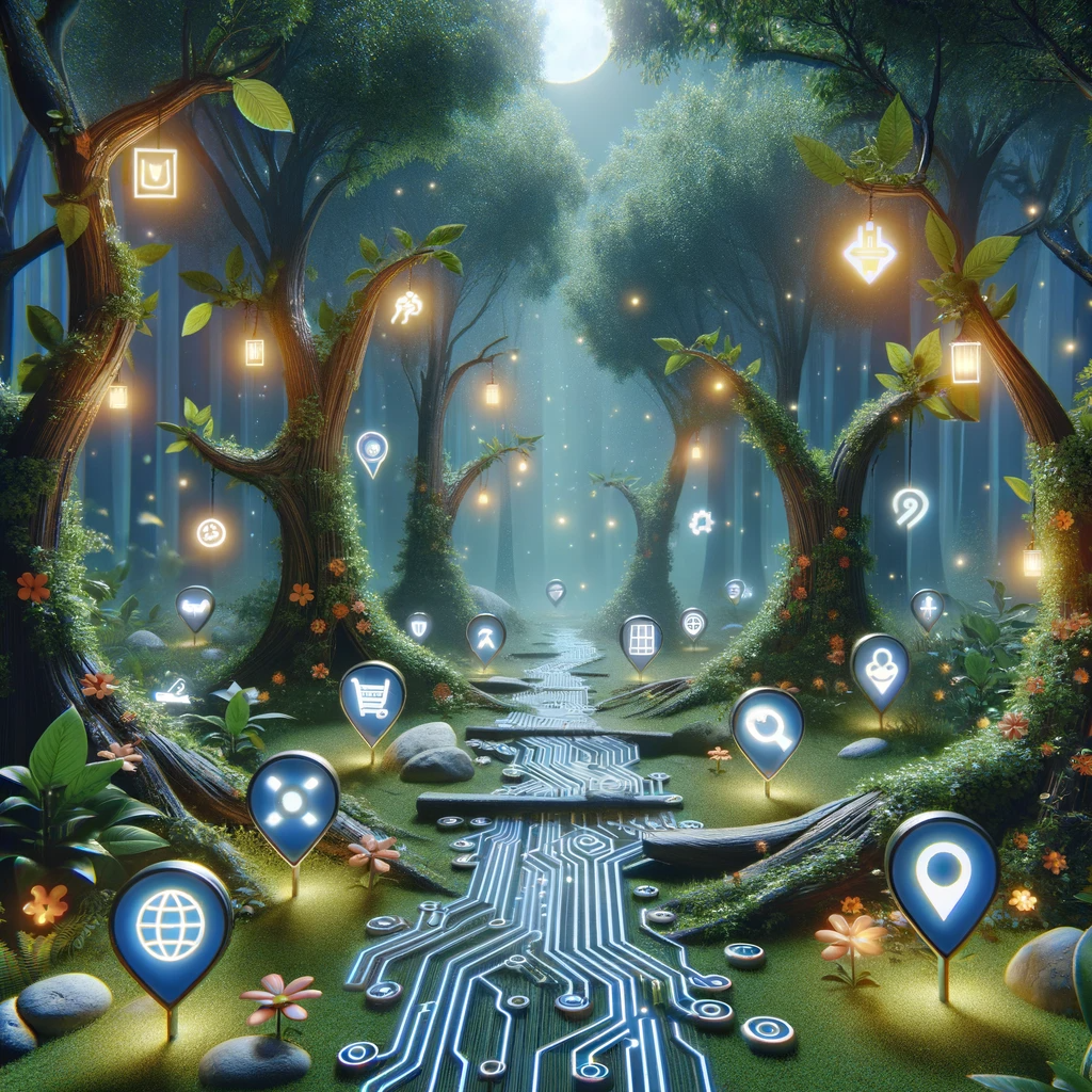 A mystical forest with pathways shaped like circuit boards, leading to whimsical structures symbolizing aspects of UX design