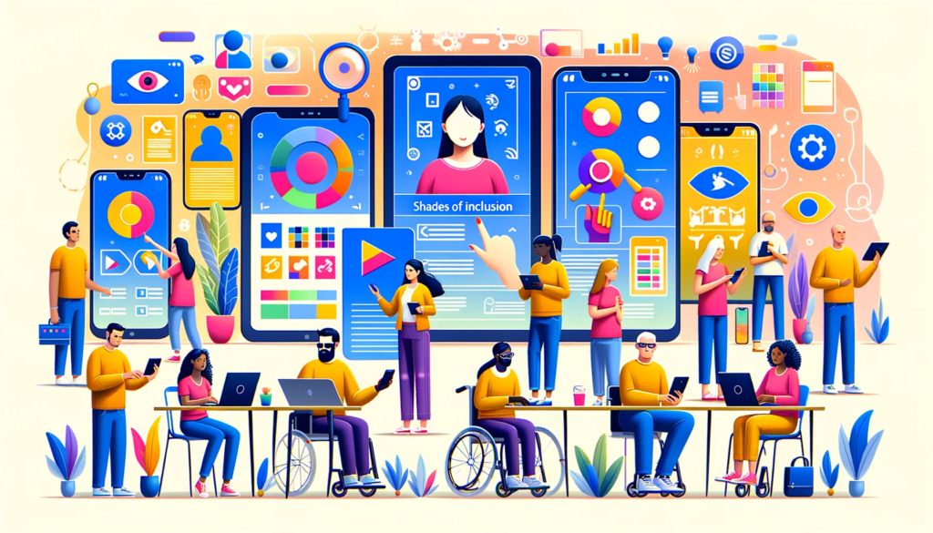 A vibrant illustration portraying people with different skin colour and physical abilities interacting with digital products such as mobiles or laptops.