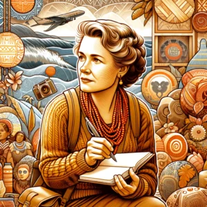A drawing of Margaret Mead surrounded by some island motifs