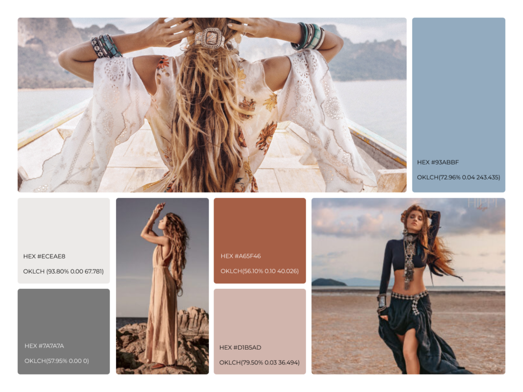 A collection of images and colours used in the e-commerce site.