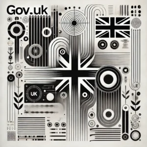 A black and white abstract visual offering an alternative design, still aligned with the themes of Gov.UK and design systems. Incorporate clean, struc