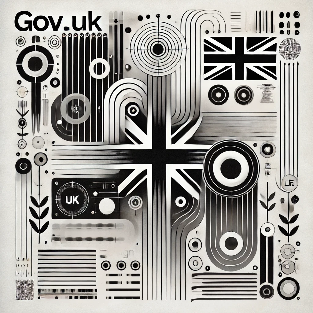 A black and white abstract visual offering an alternative design, still aligned with the themes of Gov.UK and design systems. Incorporate clean, struc